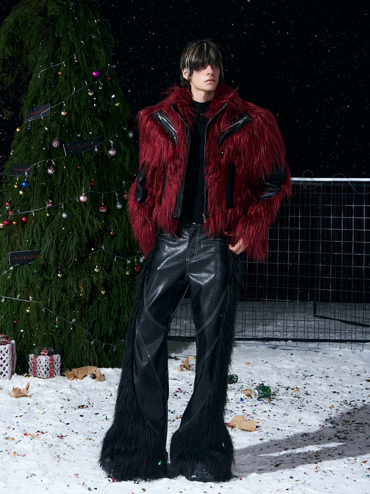 SHAGGY FAUX FUR LEATHER-PANEL CROPPED JACKET - BURGUNDY