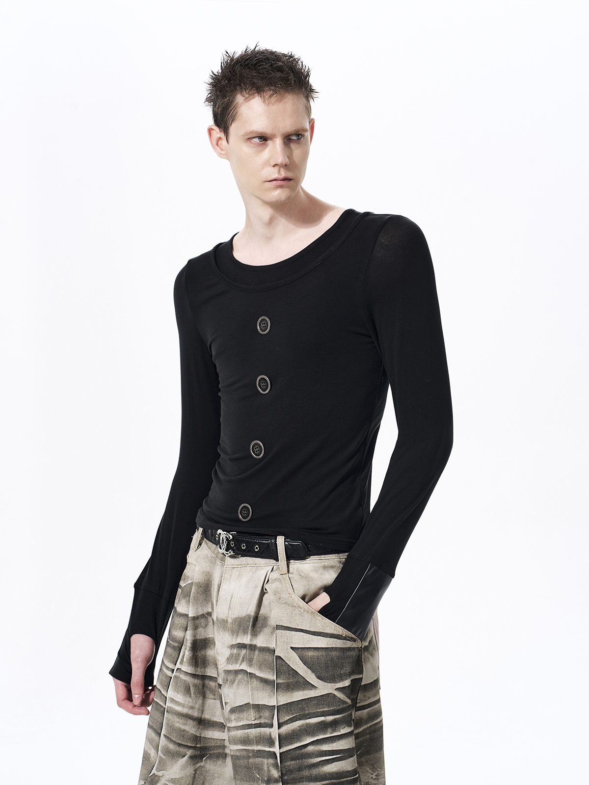 FAUX LAYERED TENCEL BUTTON LONGSLEEVE-BLACK