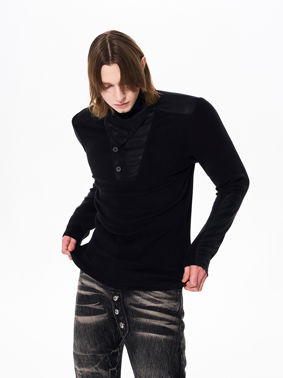 LEATHER PANEL BUTTON NECK FLEECE TOP
