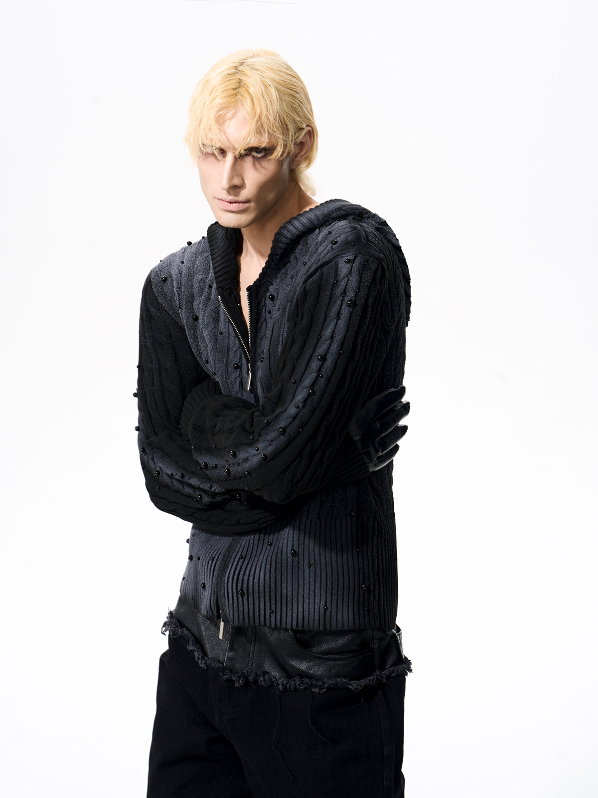 WASHED BEADED CABLE KNIT HOODIE-START EXCEED END