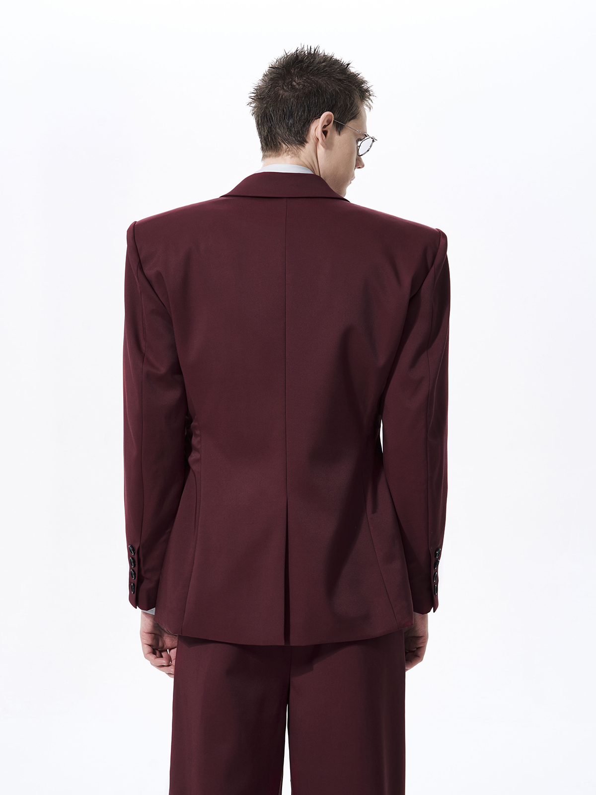 STRUCTURED CINCHED WAIST STUDDED SUIT SET-BURGUNDY