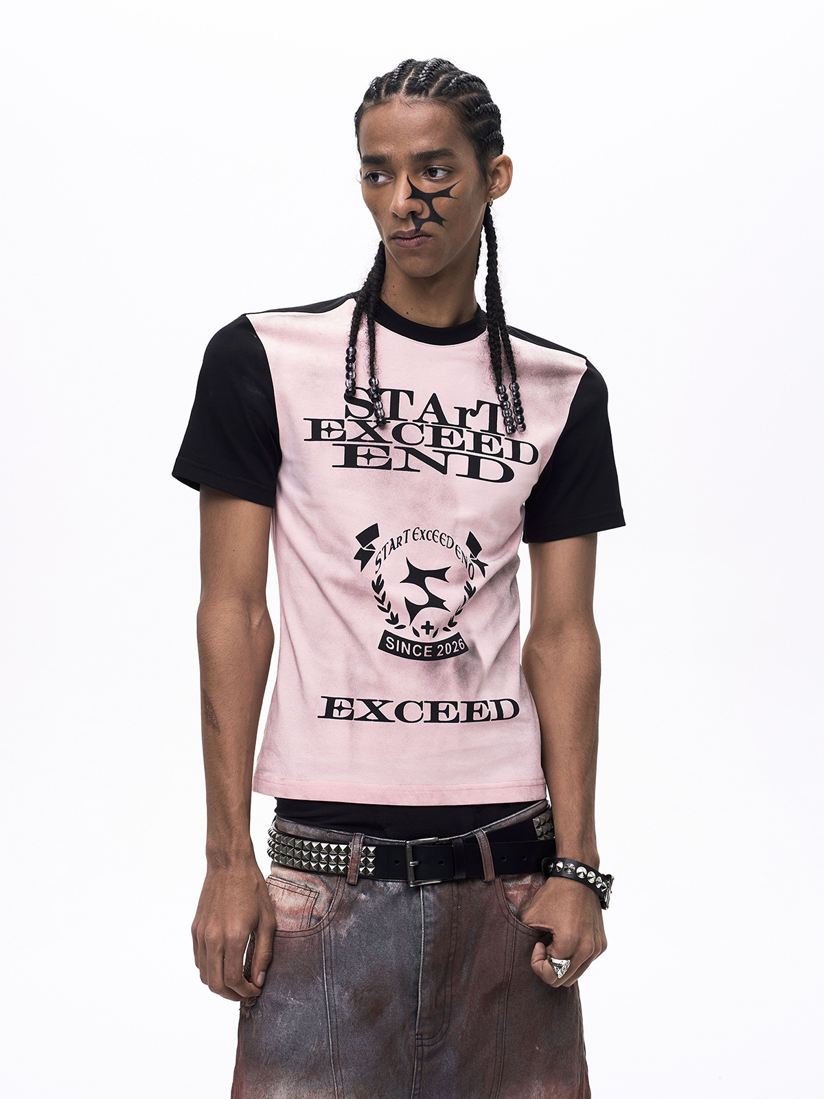 GRAPHIC COLOR BLOCK DIRTY WASH T-SHIRT-PINK