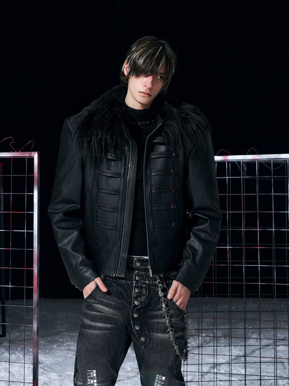 BLACK MILITARY HUSSAR JACKET WITH JEWEL BUTTONS & FUR COLLAR