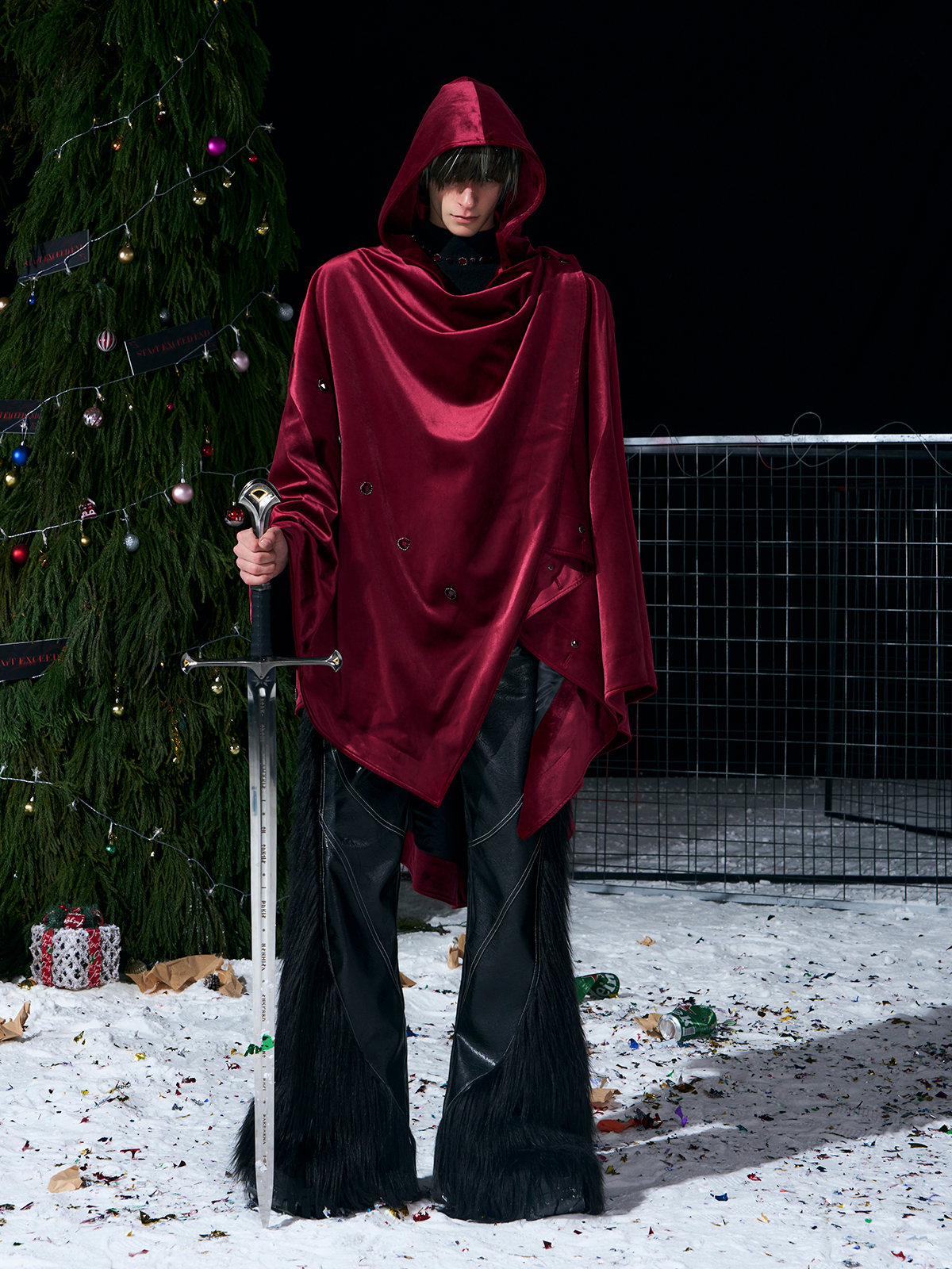 WARHORSE EMBROIDERED VELVET HOODED CLOAK-BURGUNDY