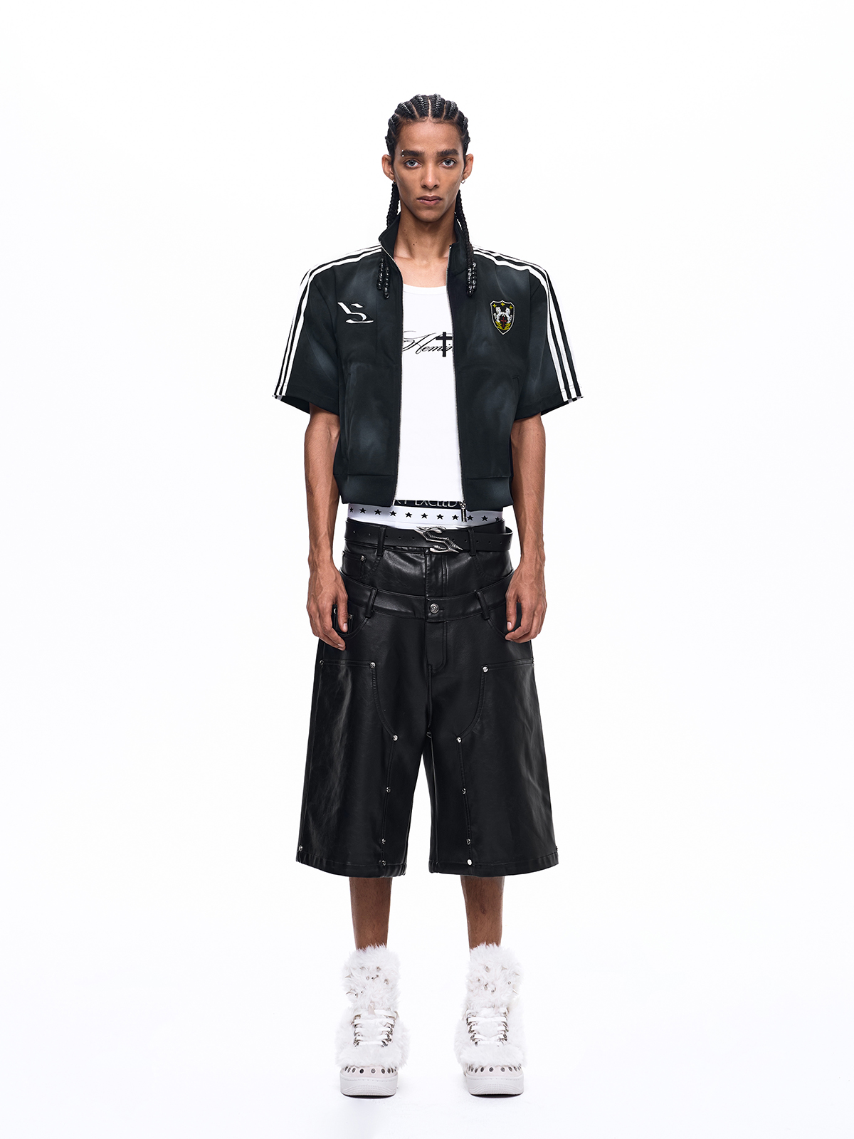 DOUBLE WAIST STUDDED CROSS PU LEATHER JORTS