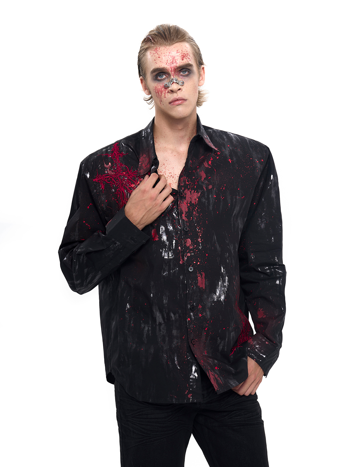 CRIMSON SPLATTER THORN CROSS SHIRT-START EXCEED END