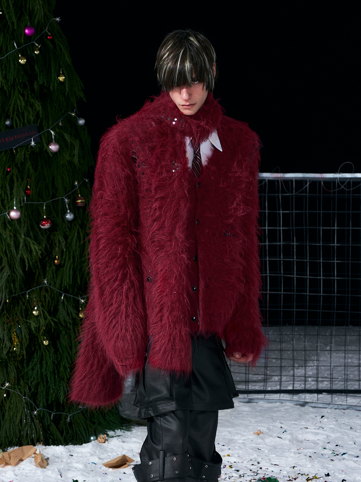BURGUNDY RED FUZZY MOHAIR CARDIGAN & SCARF SET
