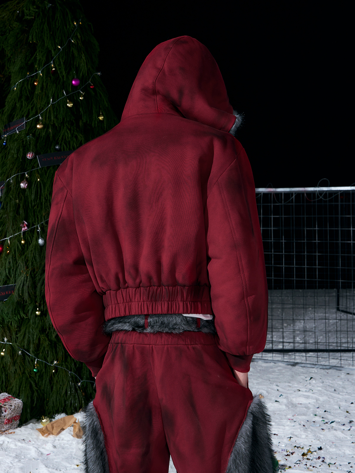 VINTAGE RED REVERSIBLE FUR HOODIE & FUR PANEL PANTS SET