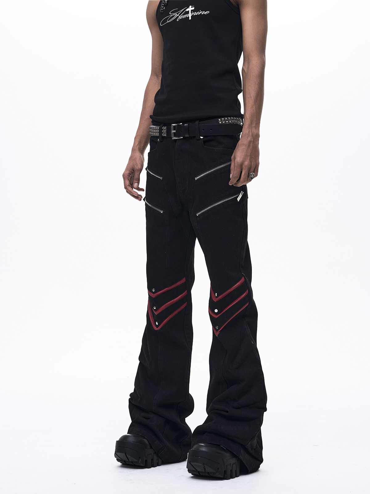 INDUSTRIAL ZIPPER LEATHER PATCHWORK FLARE JEANS-BLACK