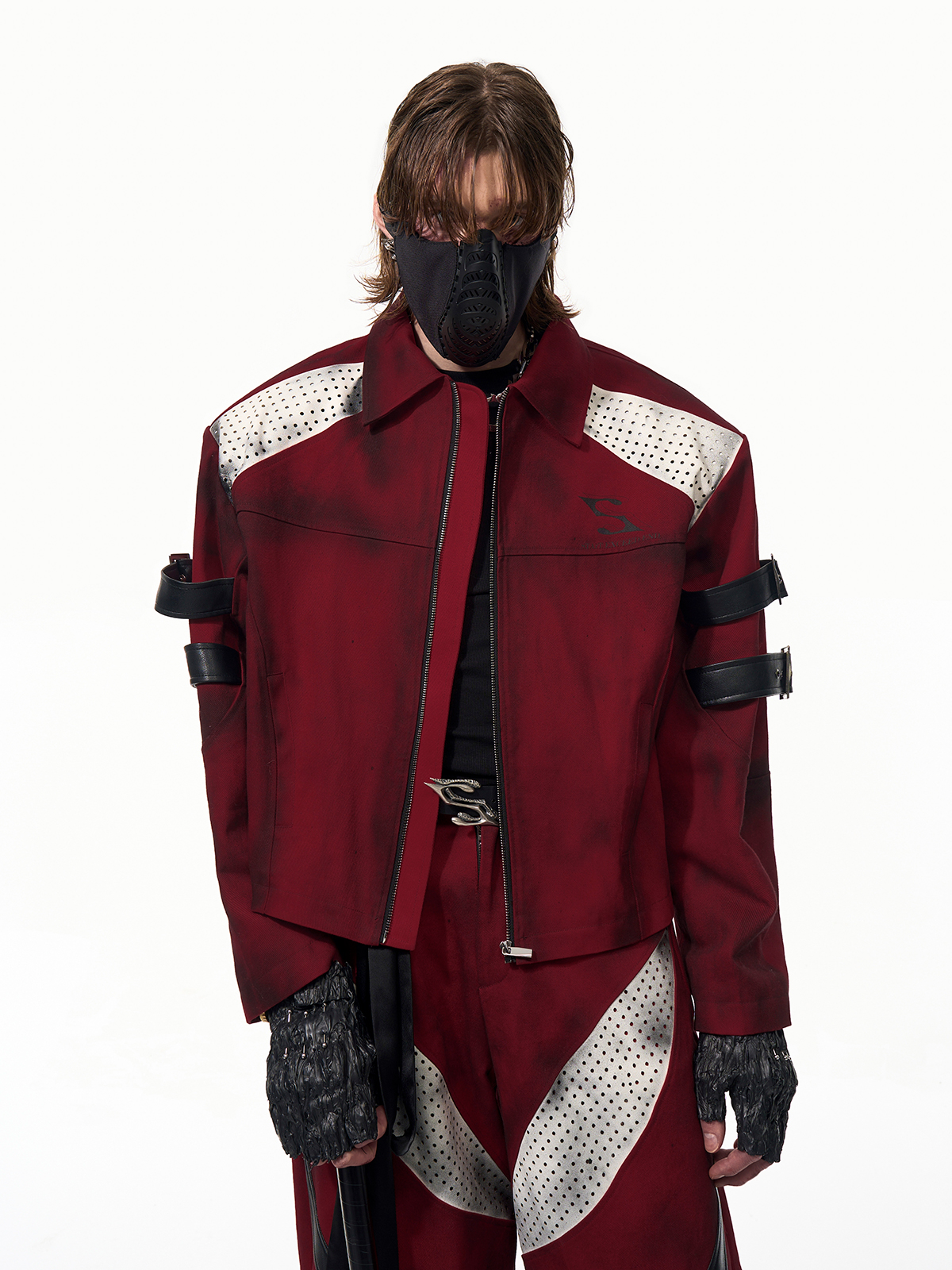 DISTRESSED RED CYBER-MOTO JACKET & PANTS SET-START EXCEED END