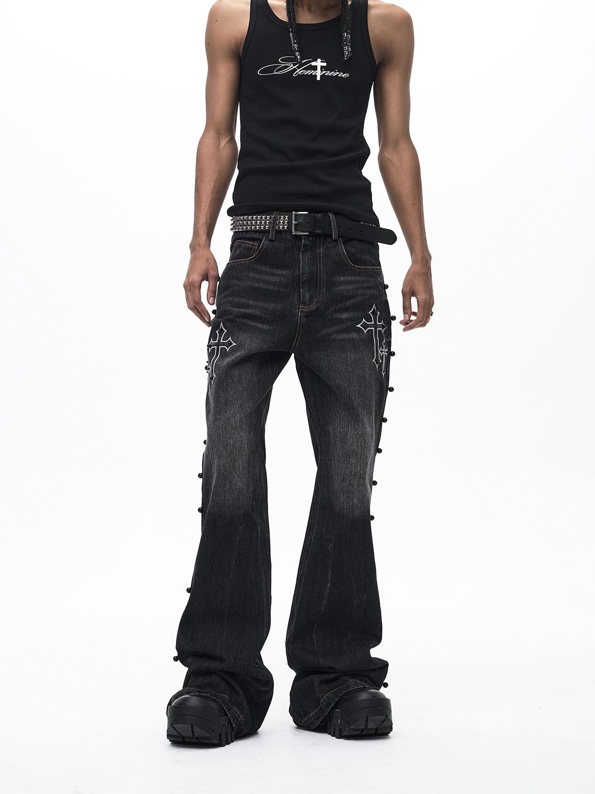 LEATHER CROSS & WING EMBROIDERY FLARED DENIM