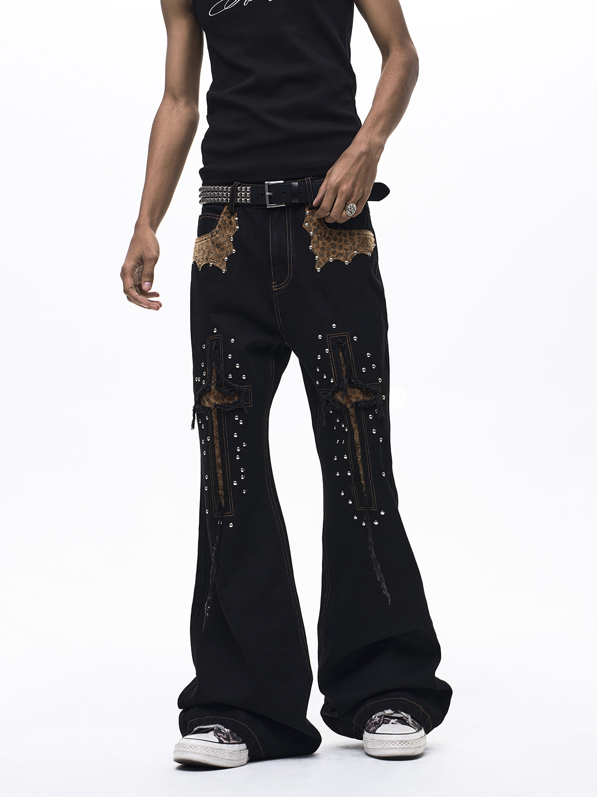 STUDDED LEOPARD CROSS PATCHWORK FLARED DENIM