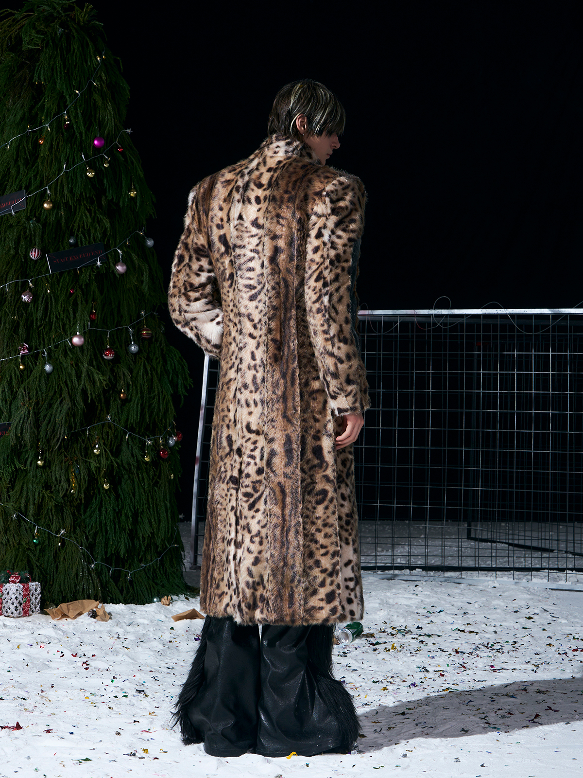 LEOPARD FAUX FUR LEATHER-PANEL MAXI COAT