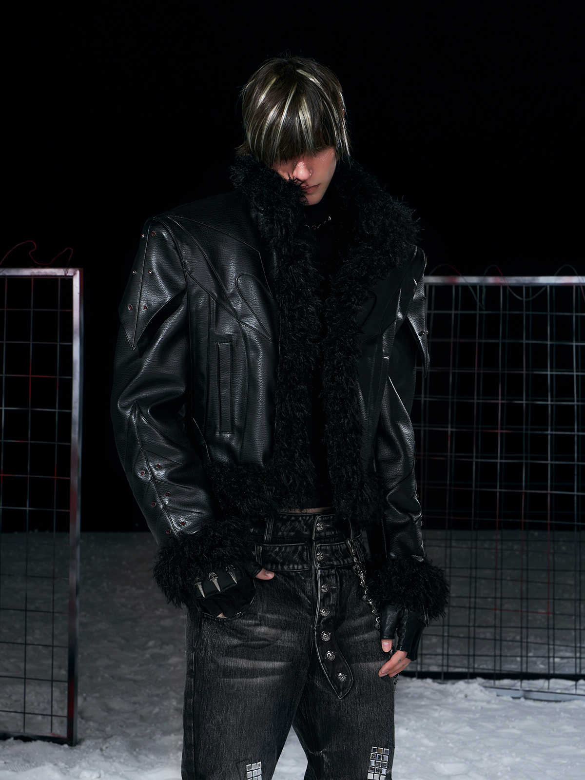 DECONSTRUCTED FUR-TRIM PADDED LEATHER JACKET