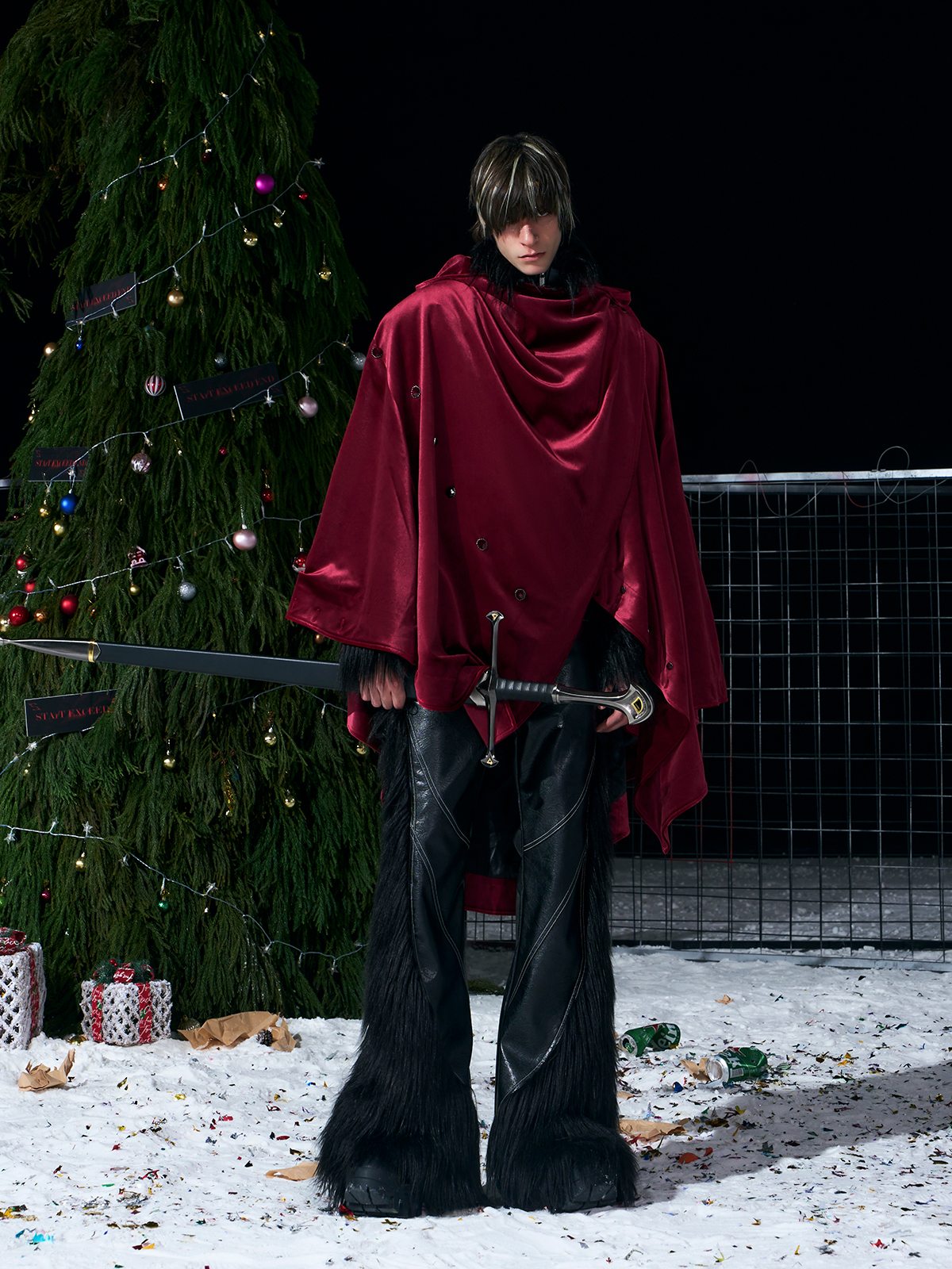 WARHORSE EMBROIDERED VELVET HOODED CLOAK-BURGUNDY