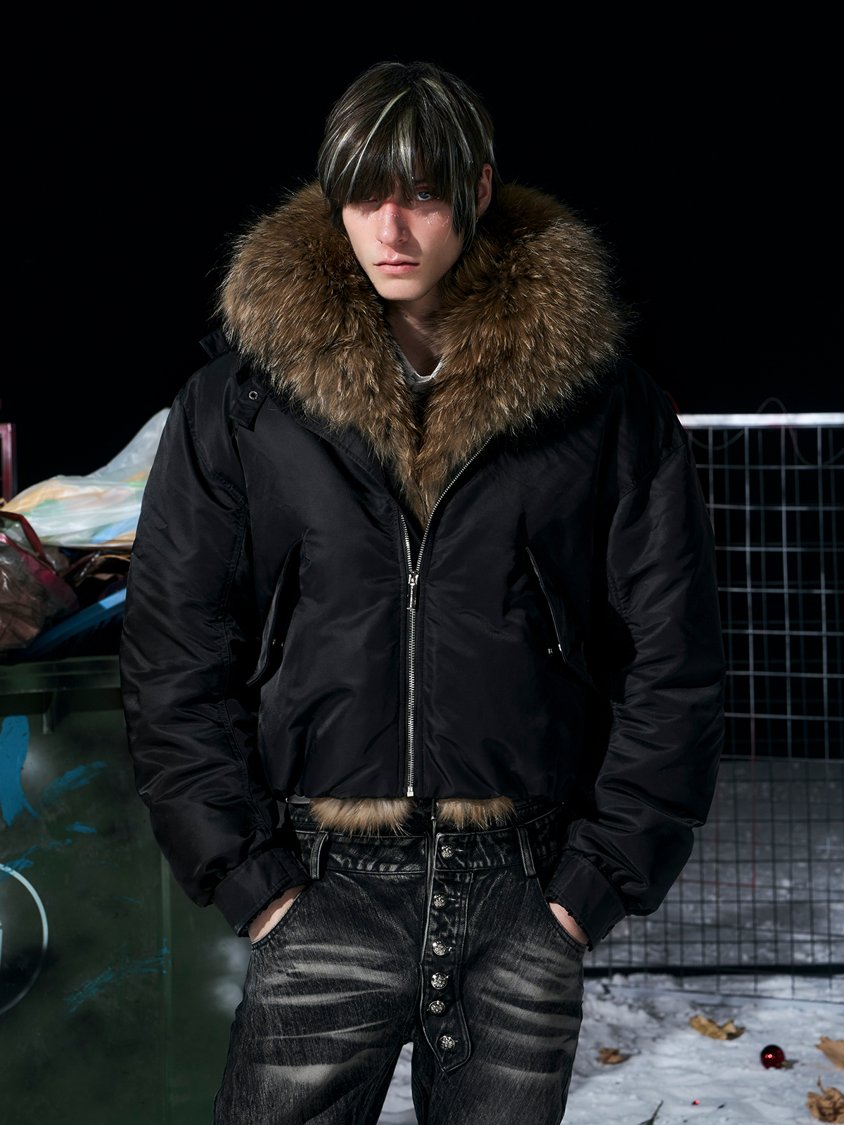 Luxe Detachable Fur Collar Down Bomber-Black