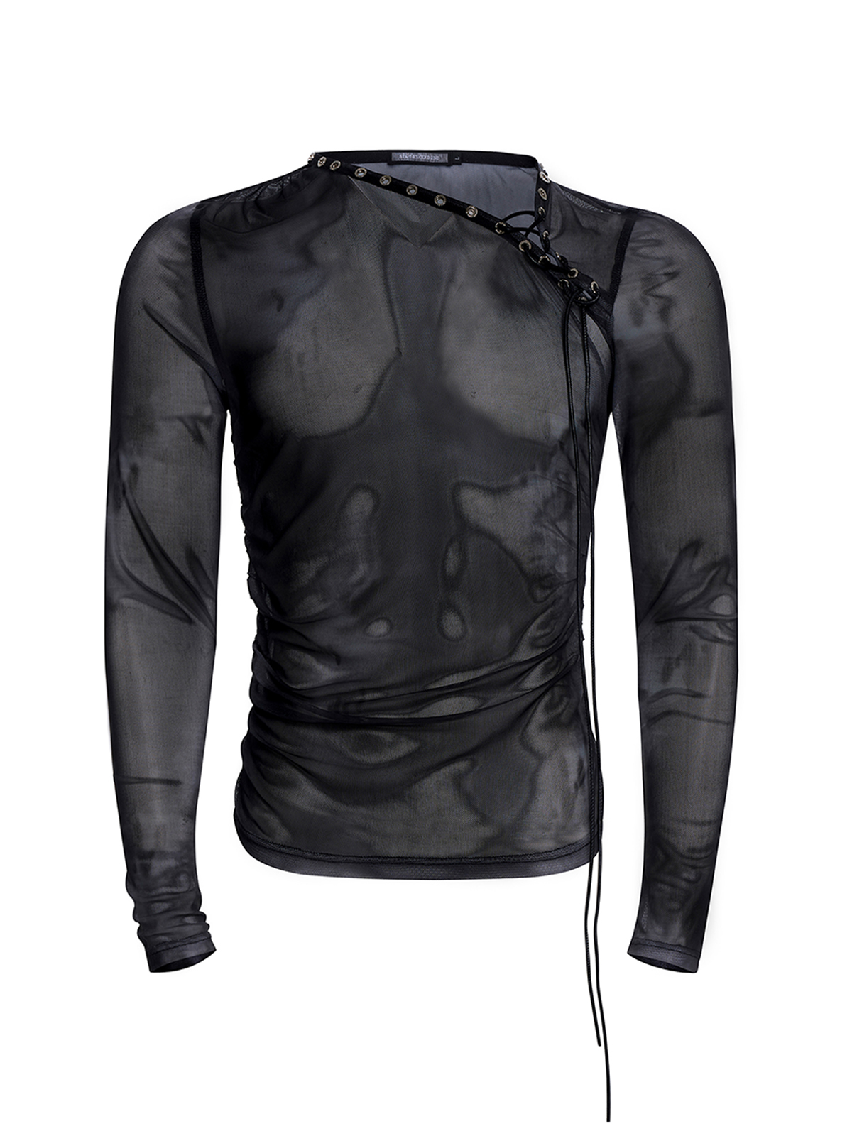ASYMMETRICAL LACE-UP SHEER MESH TOP-BLACK