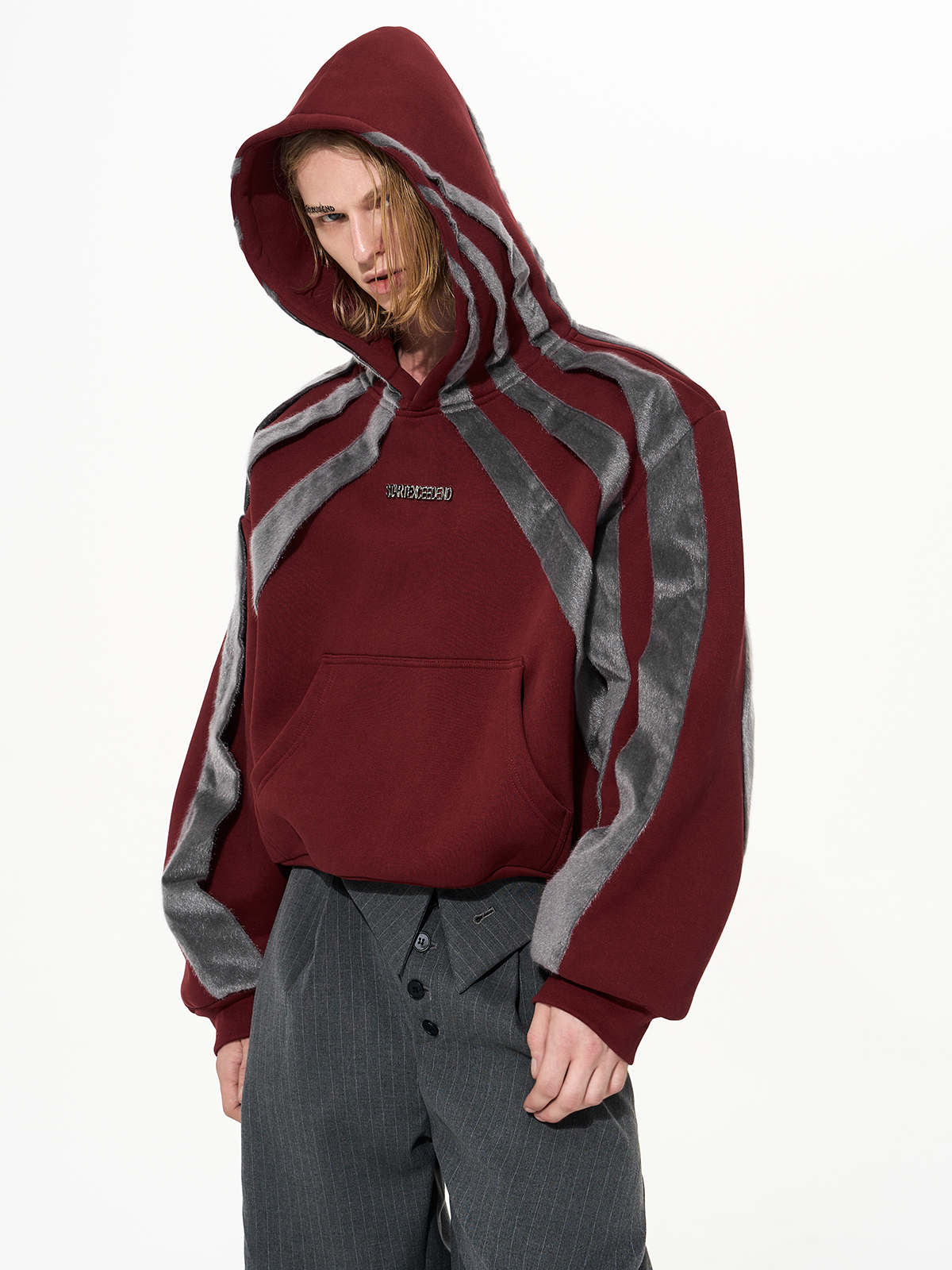 OXBLOOD WEB FUR CROPPED HOODIE