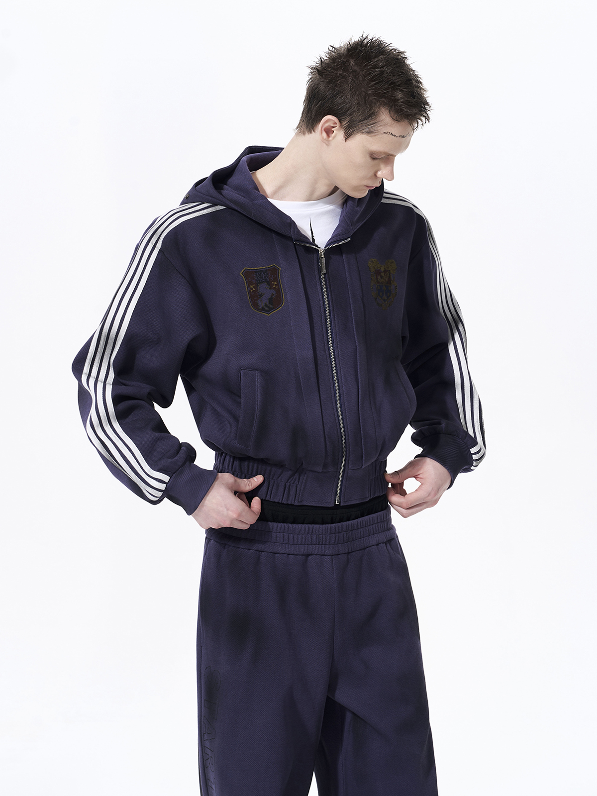 DISTRESSED MOTO BADGE 4-STRIPE TRACKSUIT SET-DEEP PURPLE