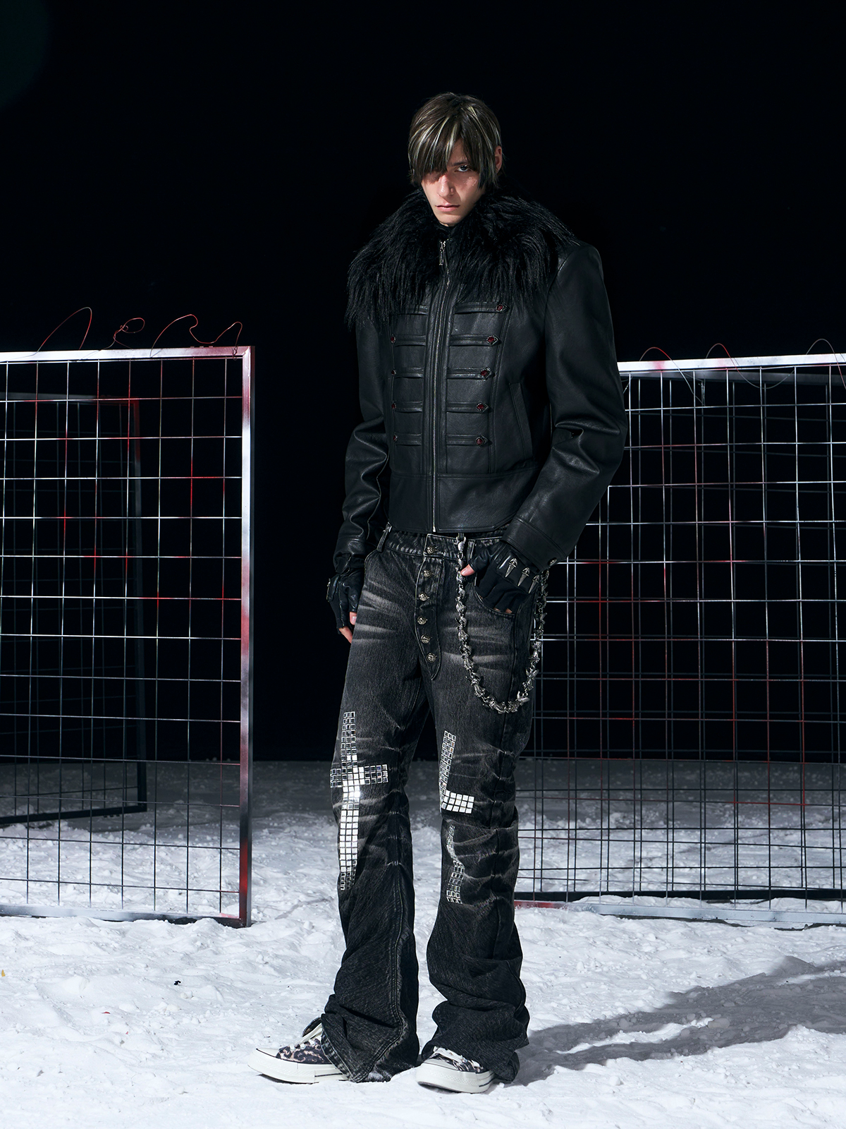 BLACK MILITARY HUSSAR JACKET WITH JEWEL BUTTONS & FUR COLLAR