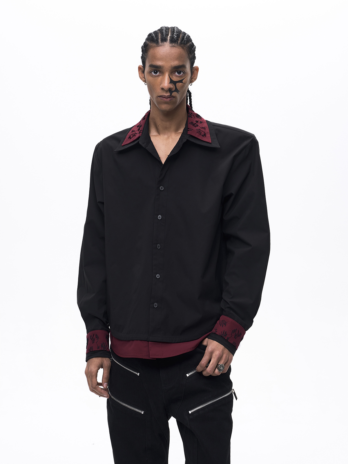 FAKE TWO-PIECE DOUBLE COLLAR SHIRT-BLACK