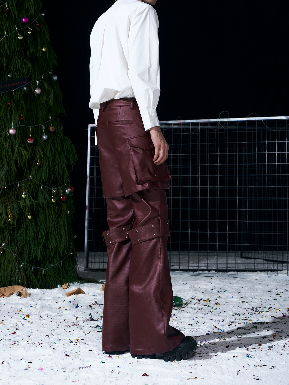 DECONSTRUCTED 2-IN-1 RIVET CARGO LEATHER PANTS-BURGUNDY