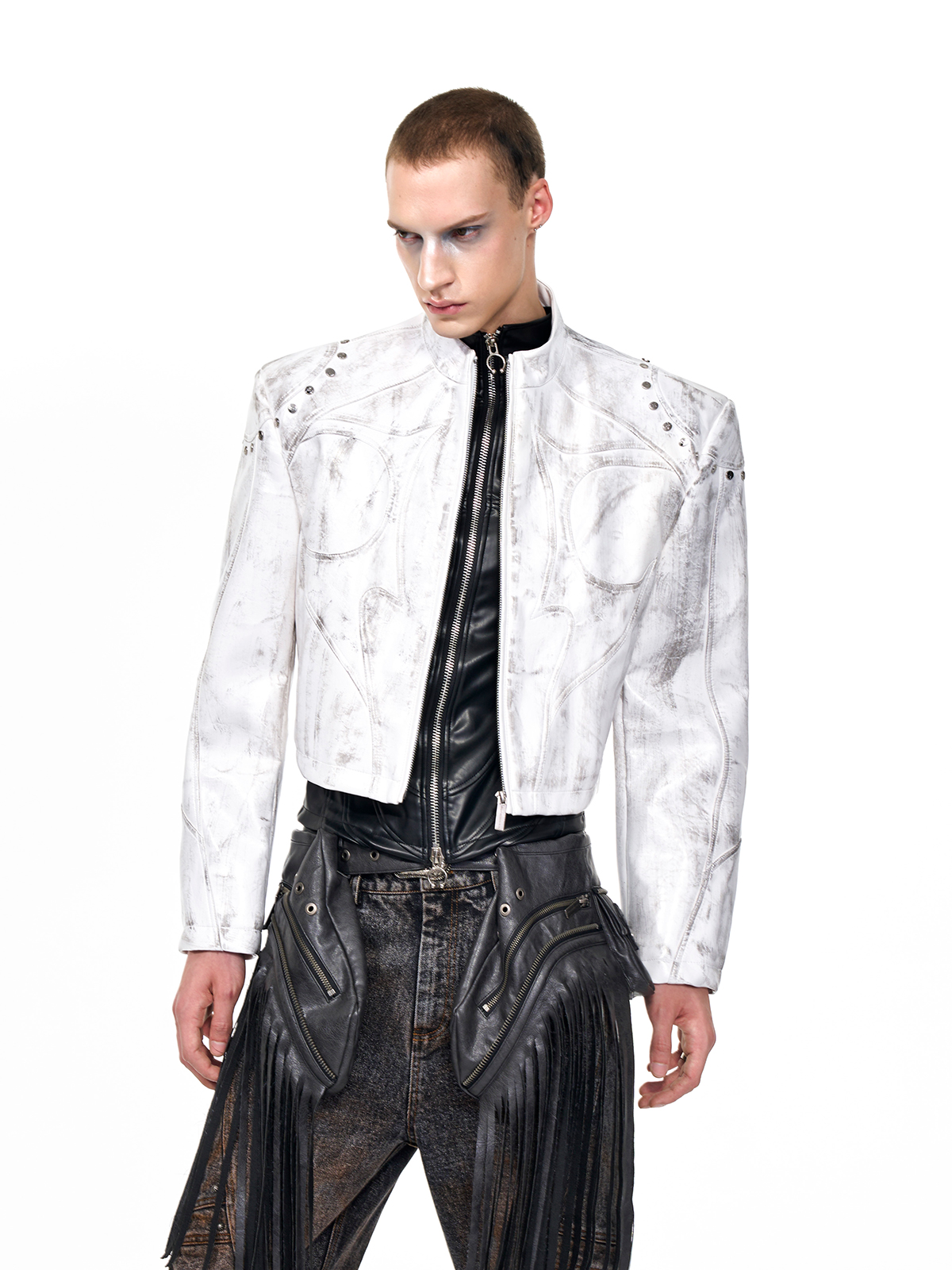 CROPPED STUDDED MOTO JACKET-DISTRESSED WHITE
