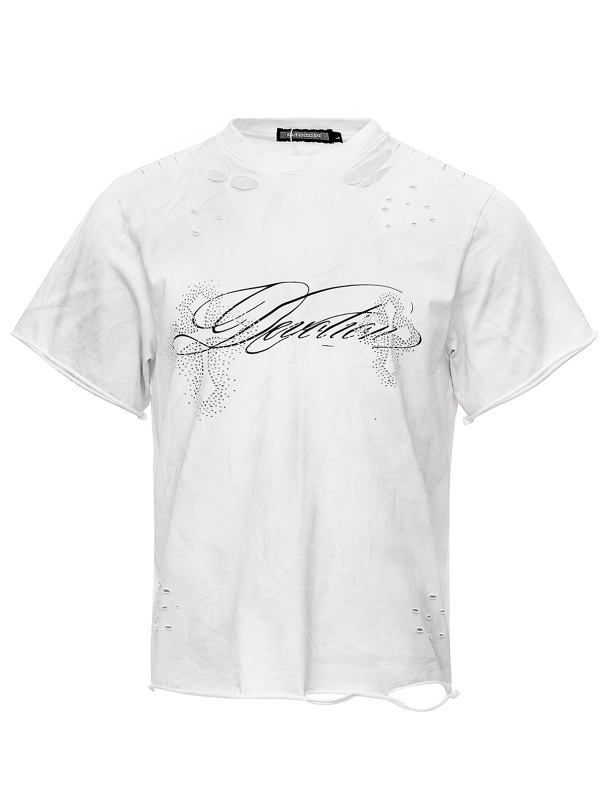 DECONSTRUCTED RHINESTONE CROSS MUD WASH TEE-WHITE