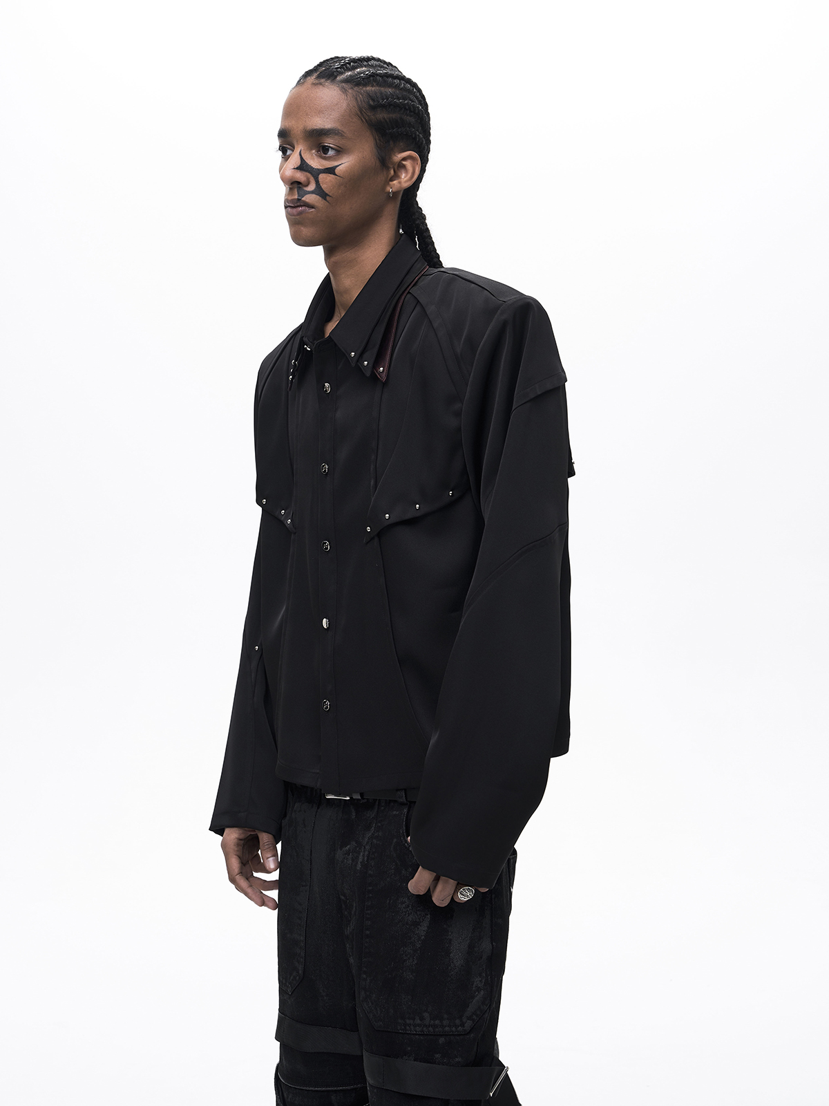 TRIPLE COLLAR DECONSTRUCTED LONG SLEEVE SHIRT-BLACK