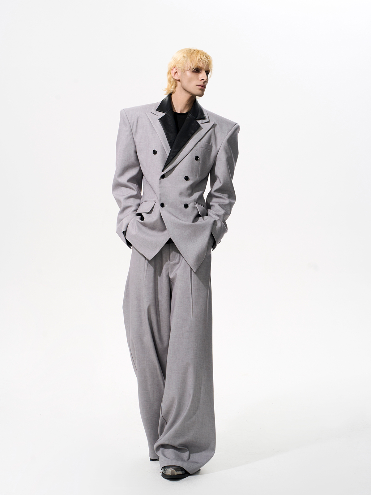 DETACHABLE LEATHER COLLAR SCULPTED SUIT SET-GREY