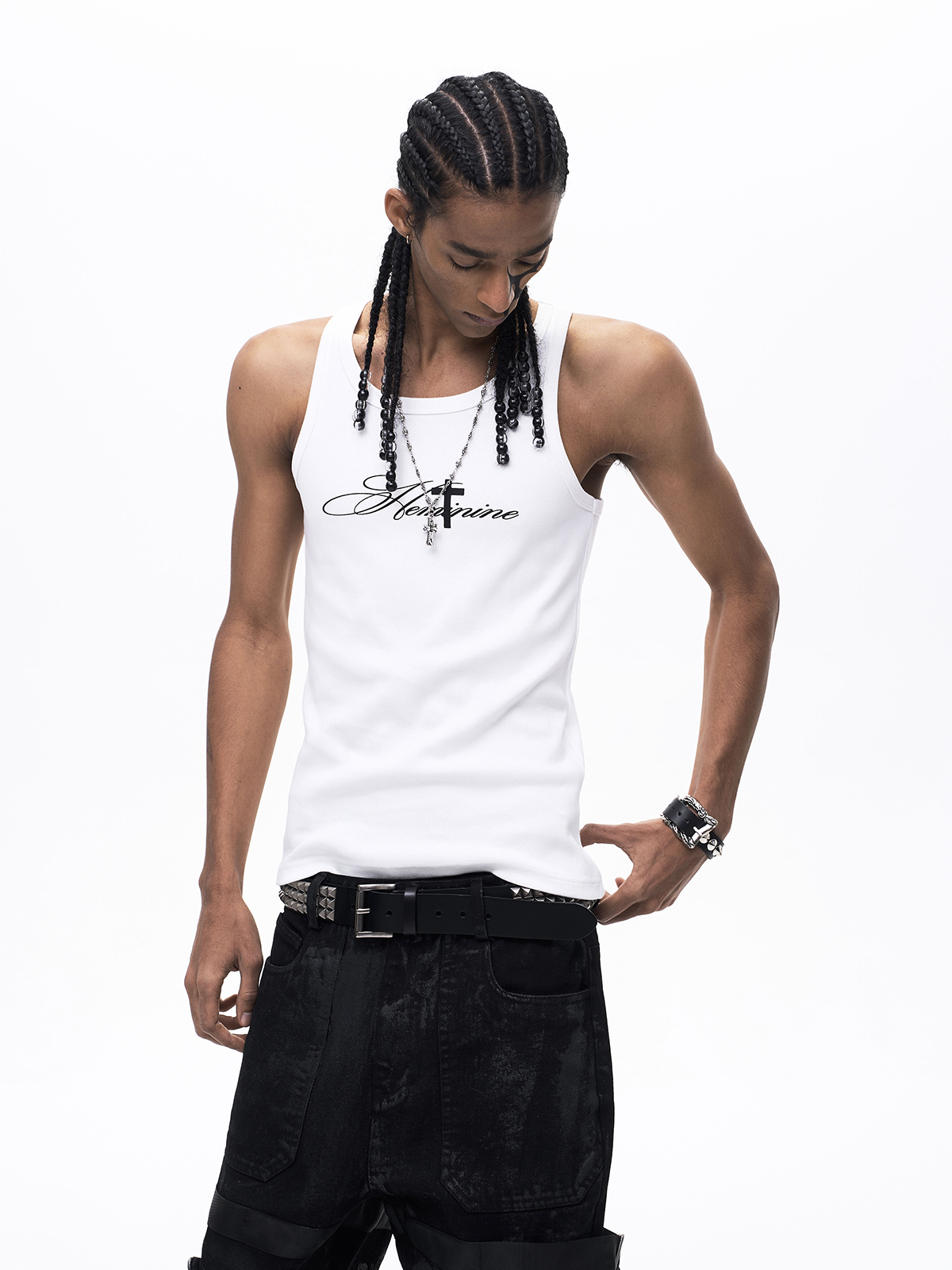 GOTHIC CROSS PRINT RIBBED TANK TOP-WHITE