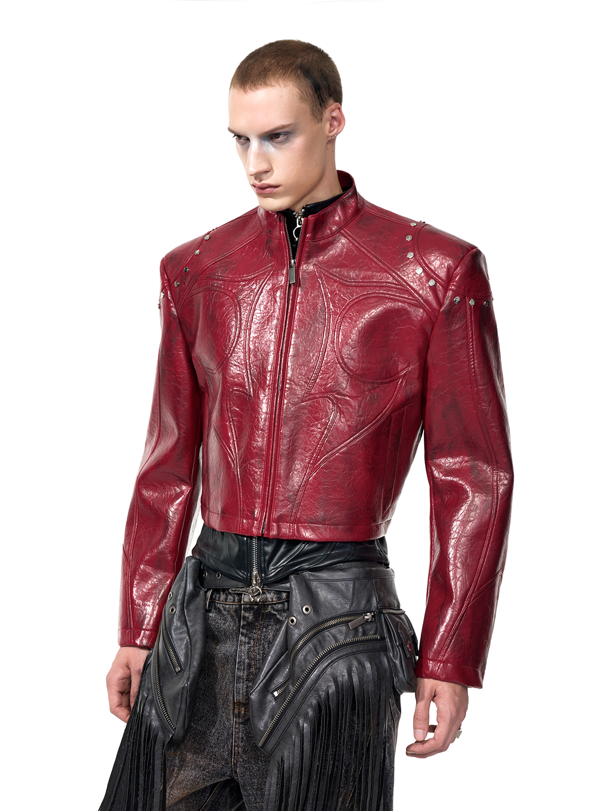 CROPPED STUDDED MOTO JACKET-CRINKLED RED