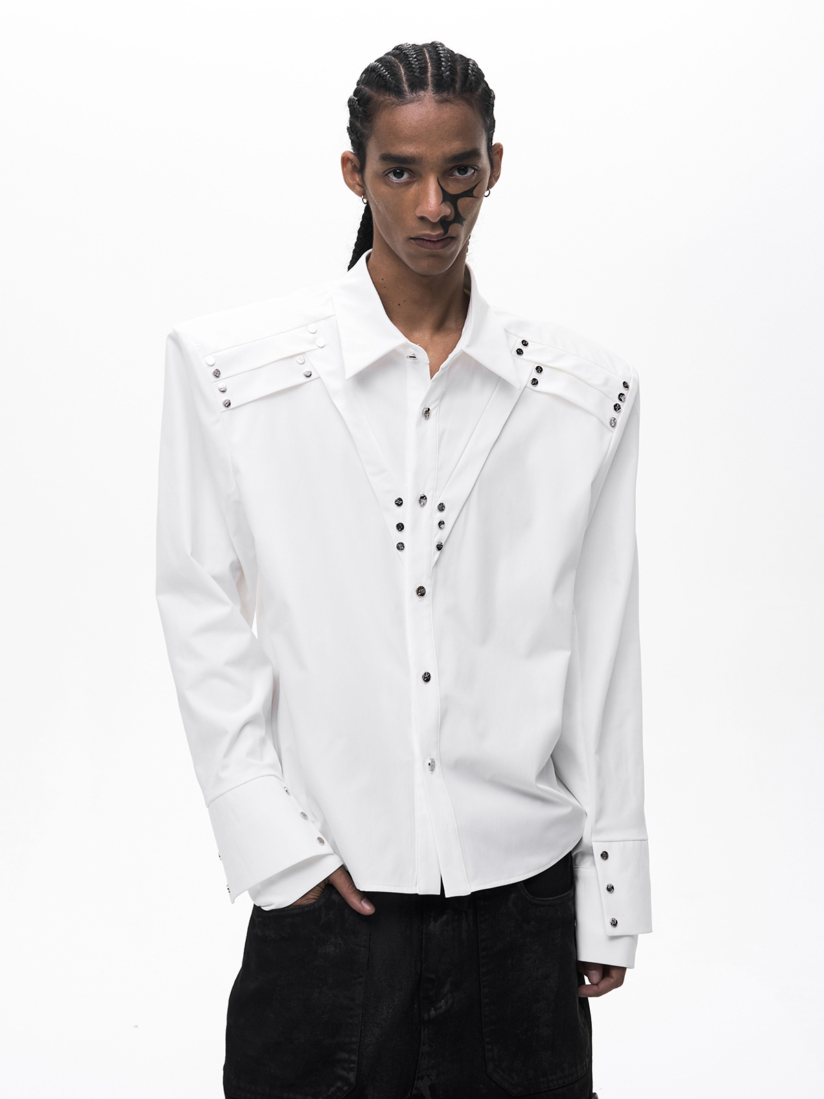 RIVET DOUBLE CUFF SHIRT-WHITE