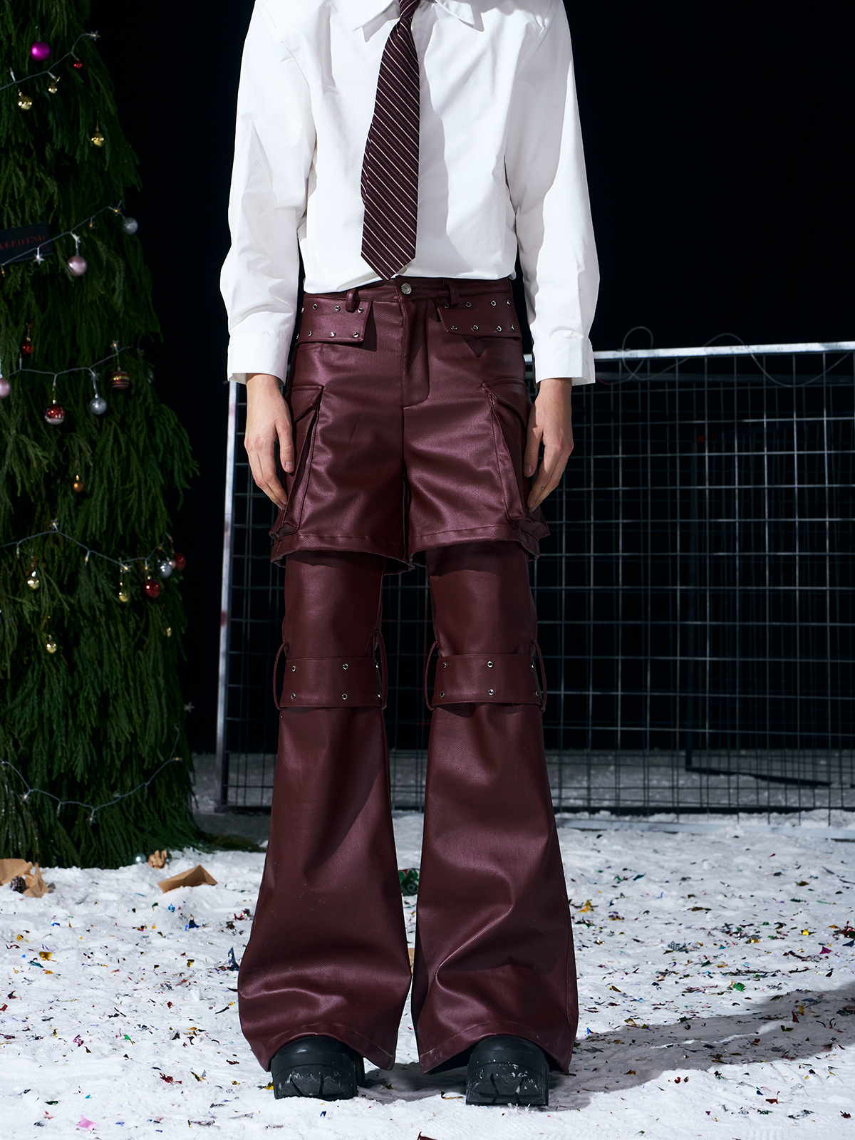 DECONSTRUCTED 2-IN-1 RIVET CARGO LEATHER PANTS-BURGUNDY
