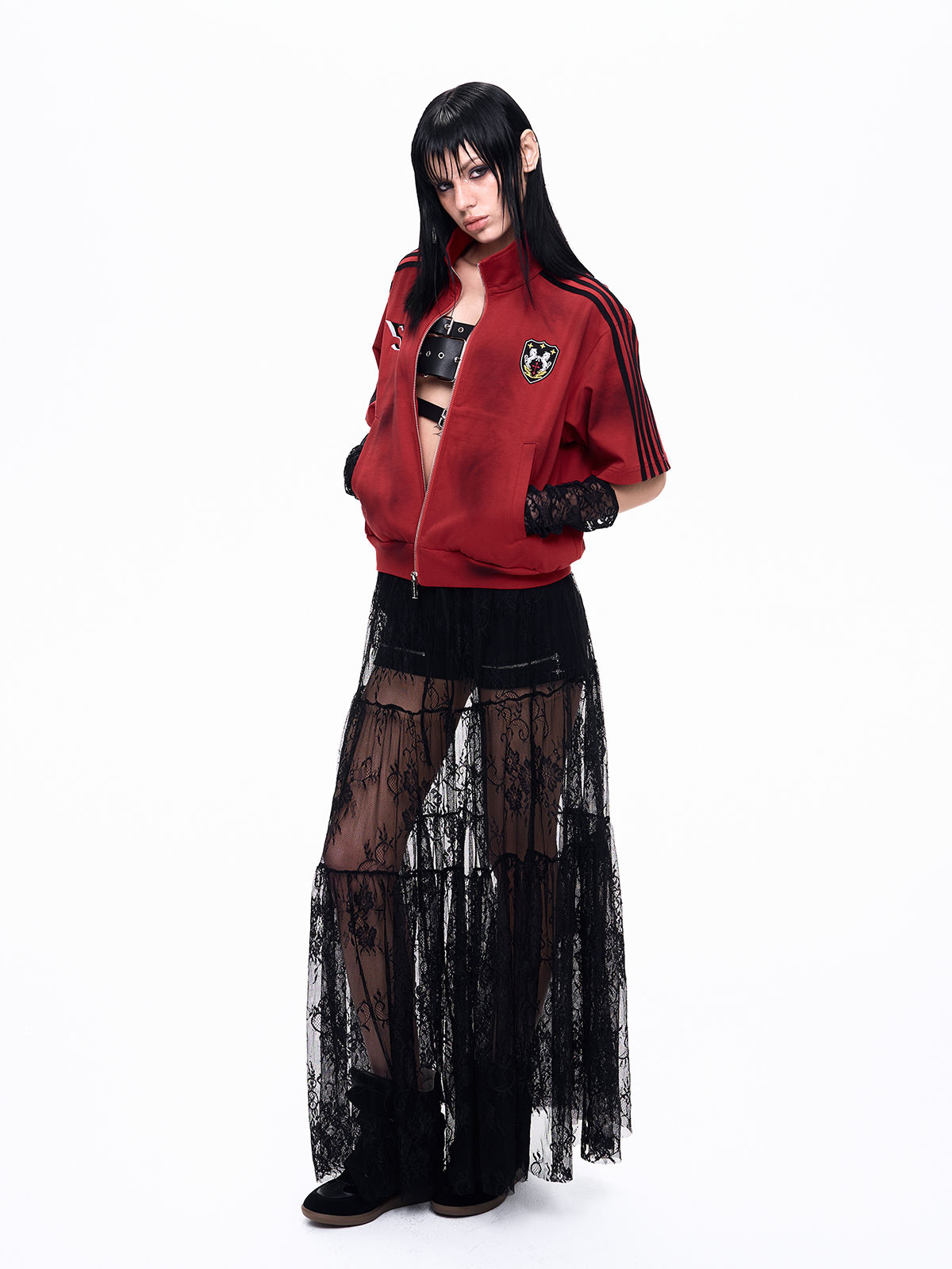 DIRTY WASH EMBROIDERED TRACK SWEATSHIRT-BURGUNDY