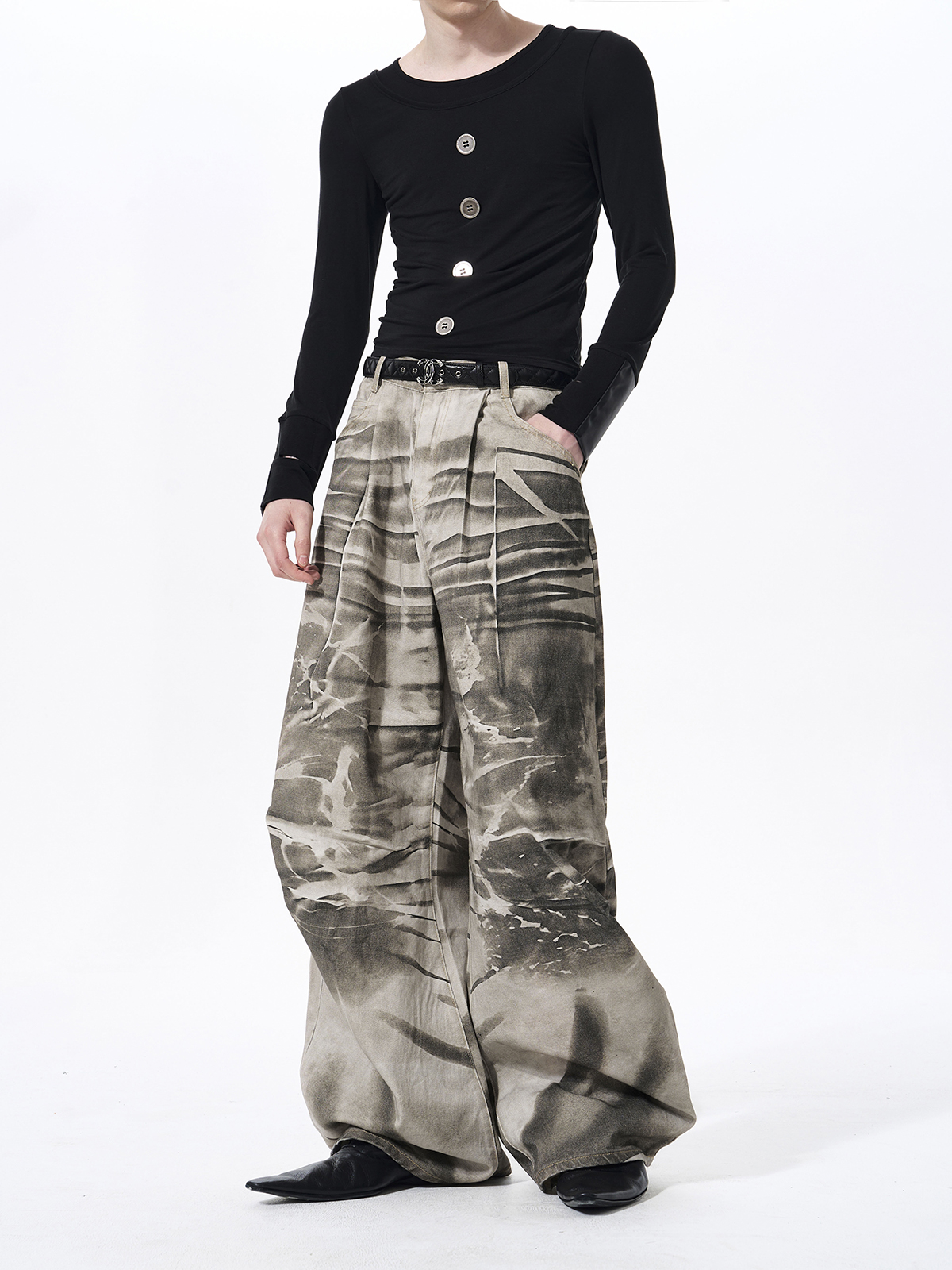 TIE-DYE DISTRESSED WIDE LEG PUDDLE DENIM