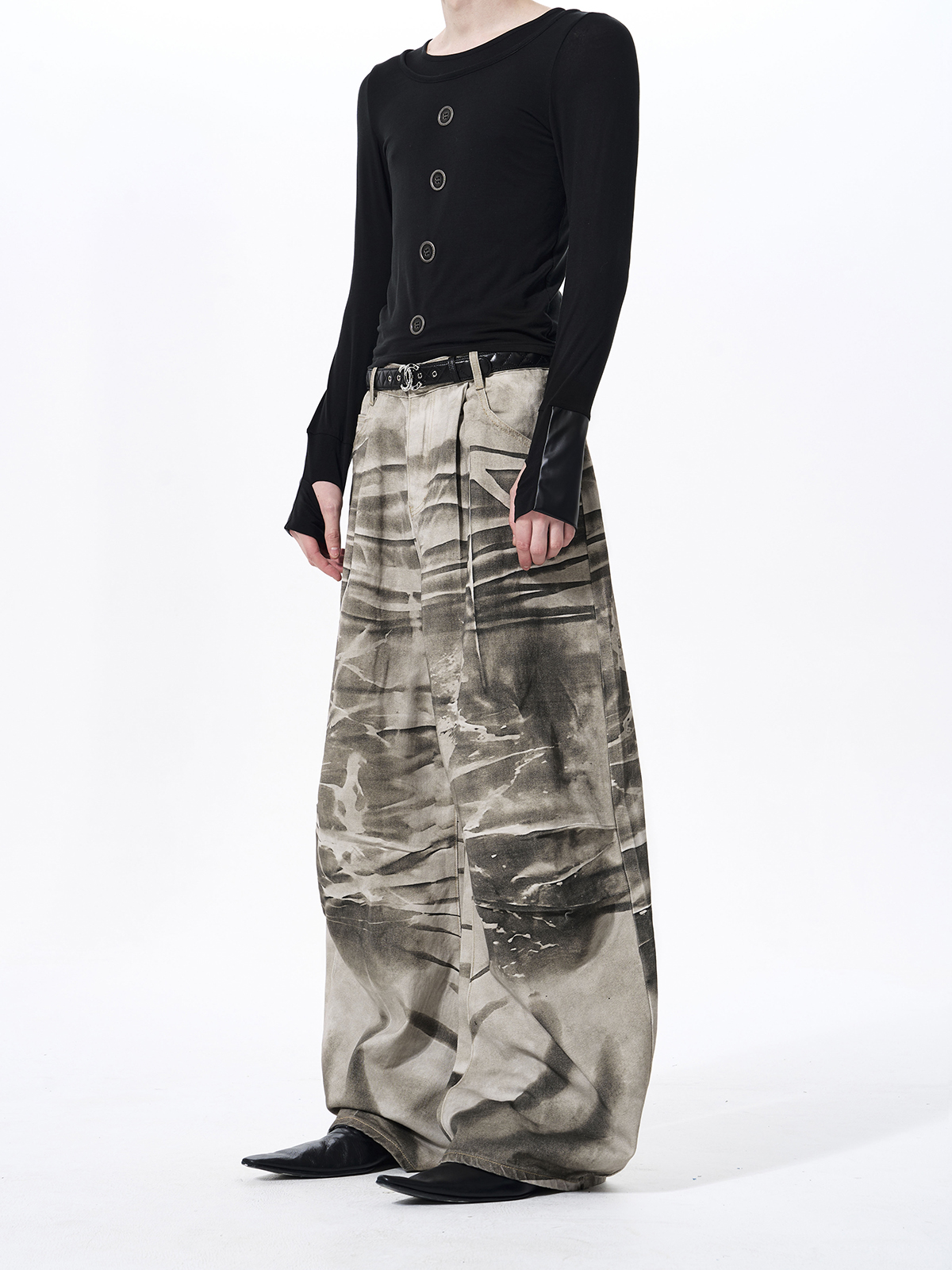 TIE-DYE DISTRESSED WIDE LEG PUDDLE DENIM