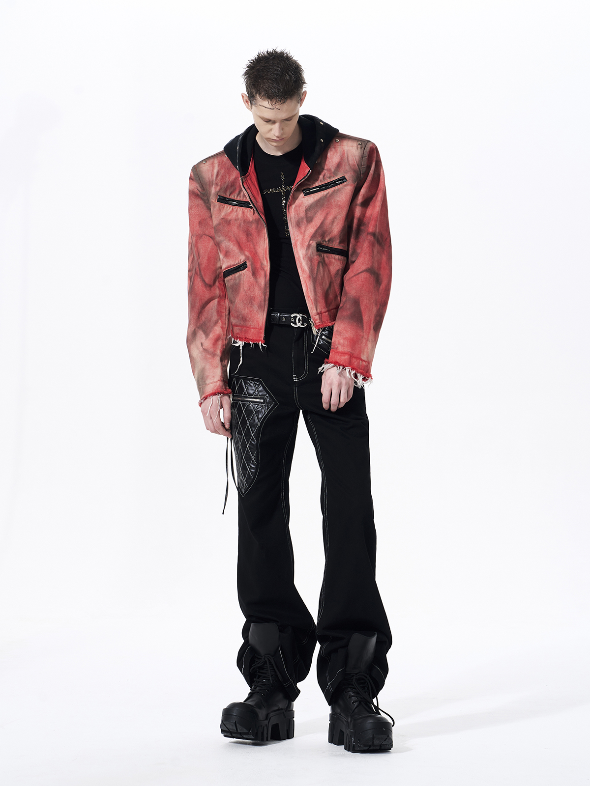 DISTRESSED HOODED CROPPED DENIM JACKET