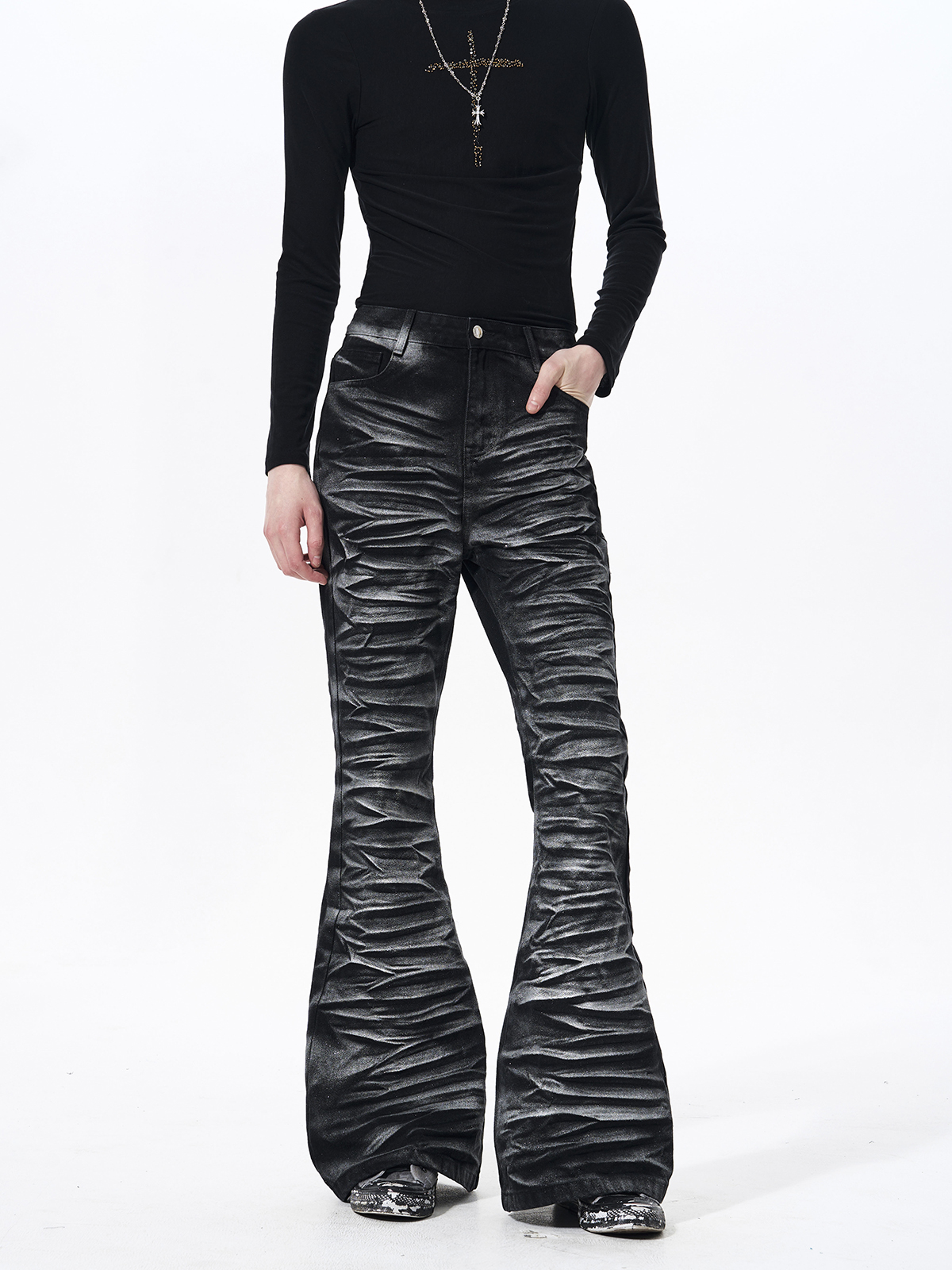 METALLIC COATED RIPPLE PLEATED FLARE DENIM