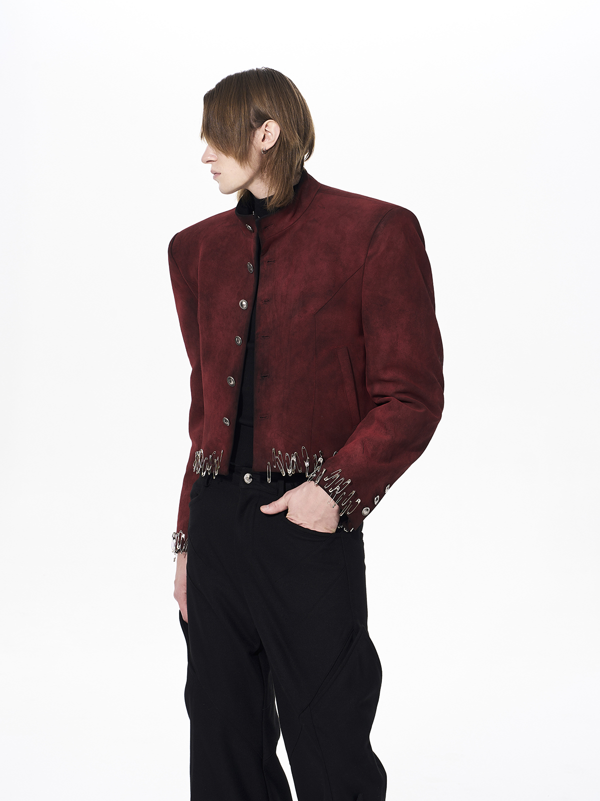 DISTRESSED SUEDE SAFETY PIN CROPPED JACKET-RED