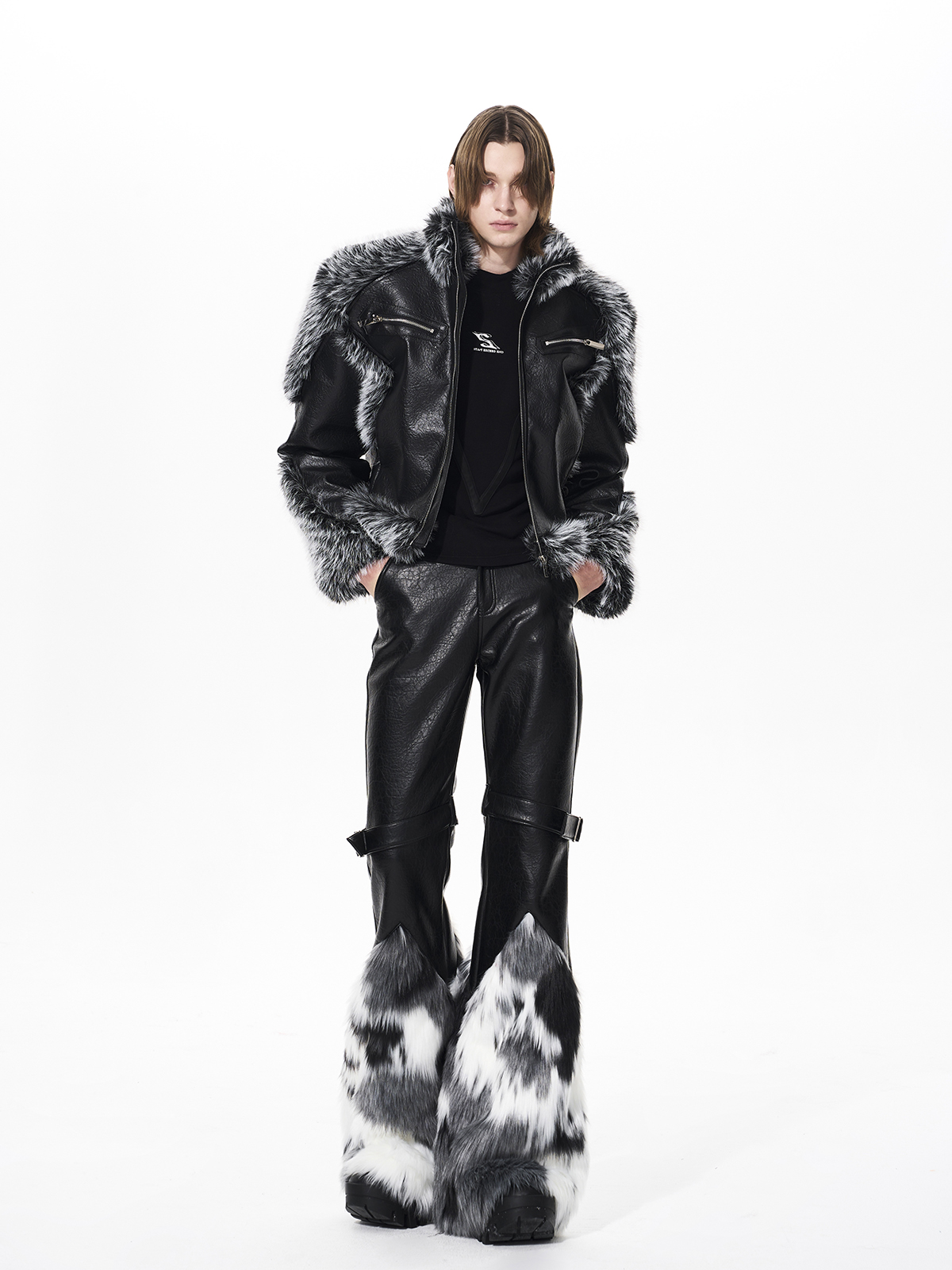 FAUX FUR SPLICED BUCKLE STRAP FLARED LEATHER PANTS
