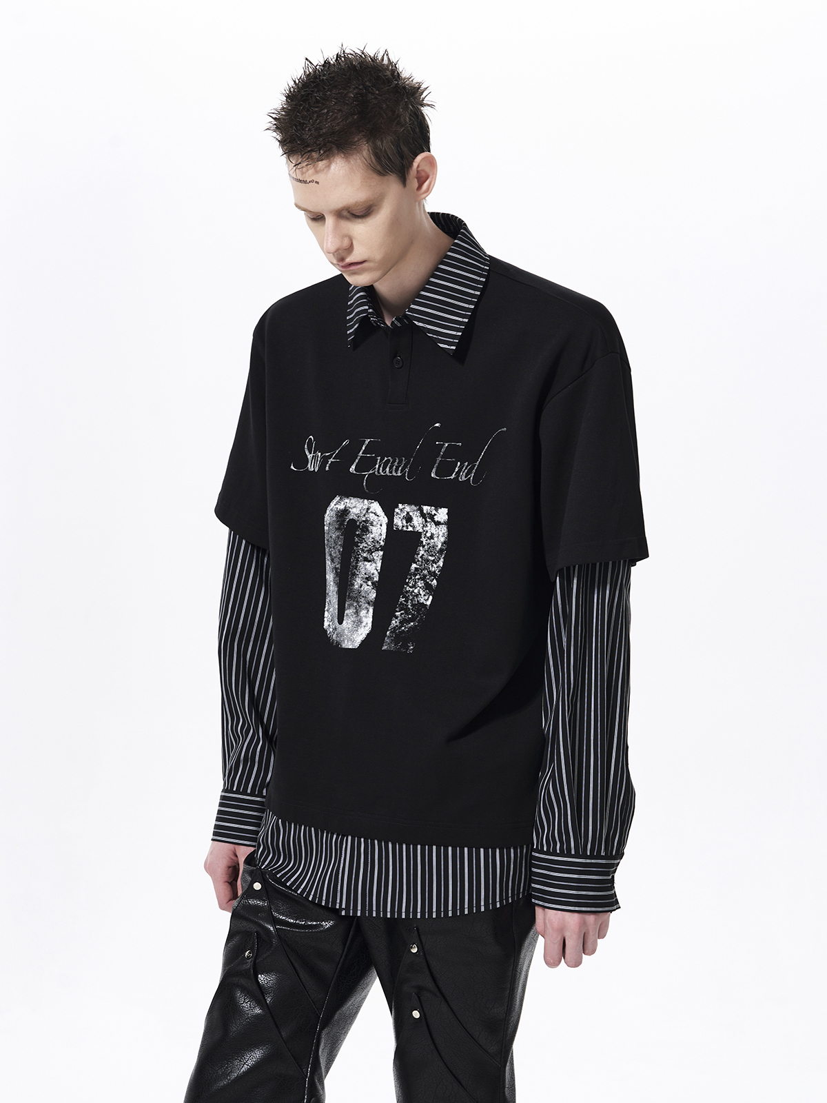 DISTRESSED GRAPHIC LAYERED POLO SHIRT-BLACK