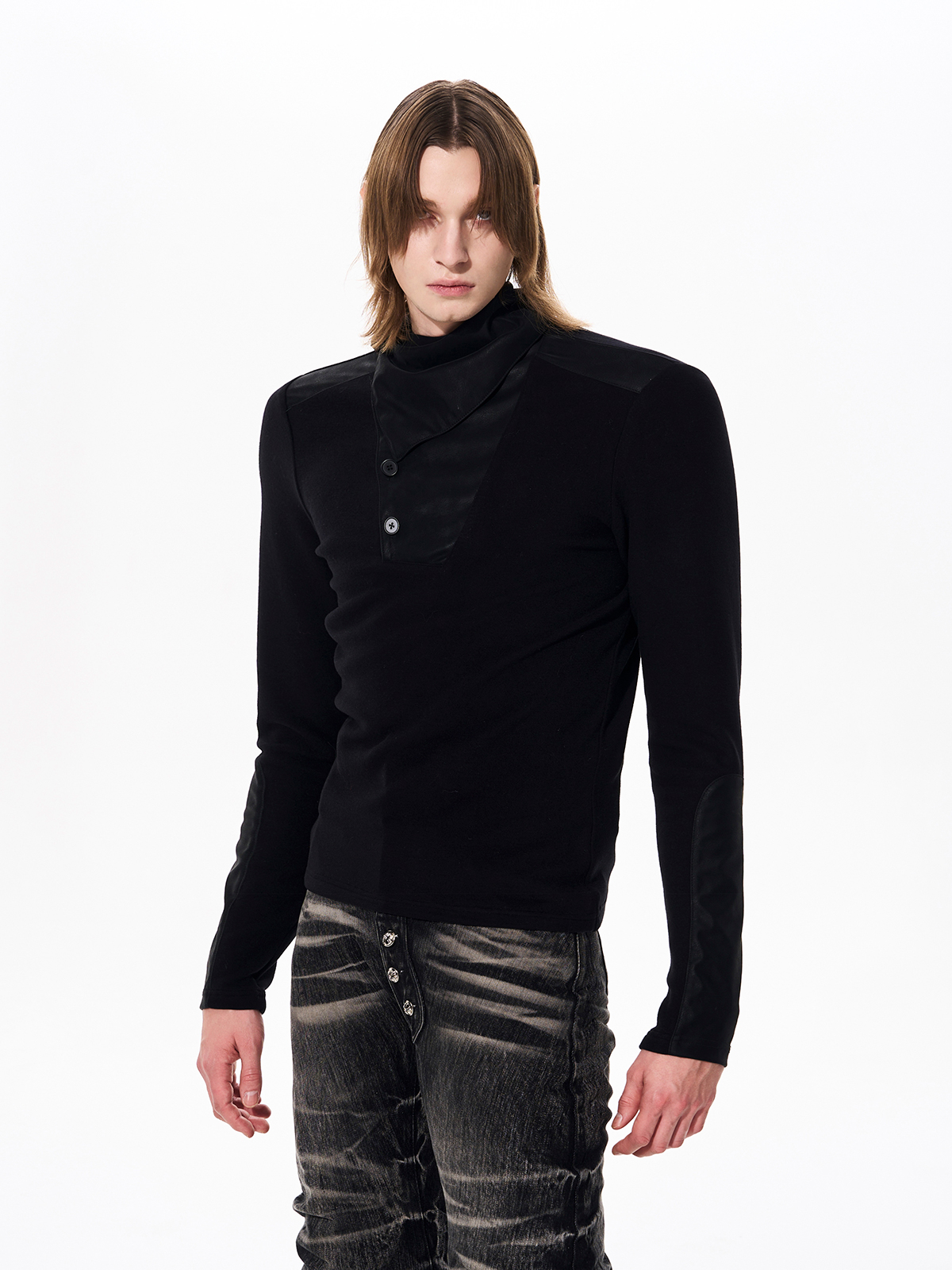 LEATHER PANEL BUTTON NECK FLEECE TOP