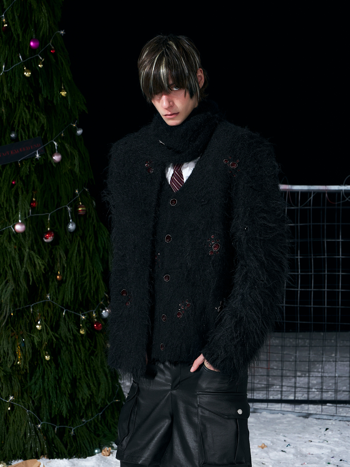 BLACK FUZZY MOHAIR CARDIGAN & SCARF SET