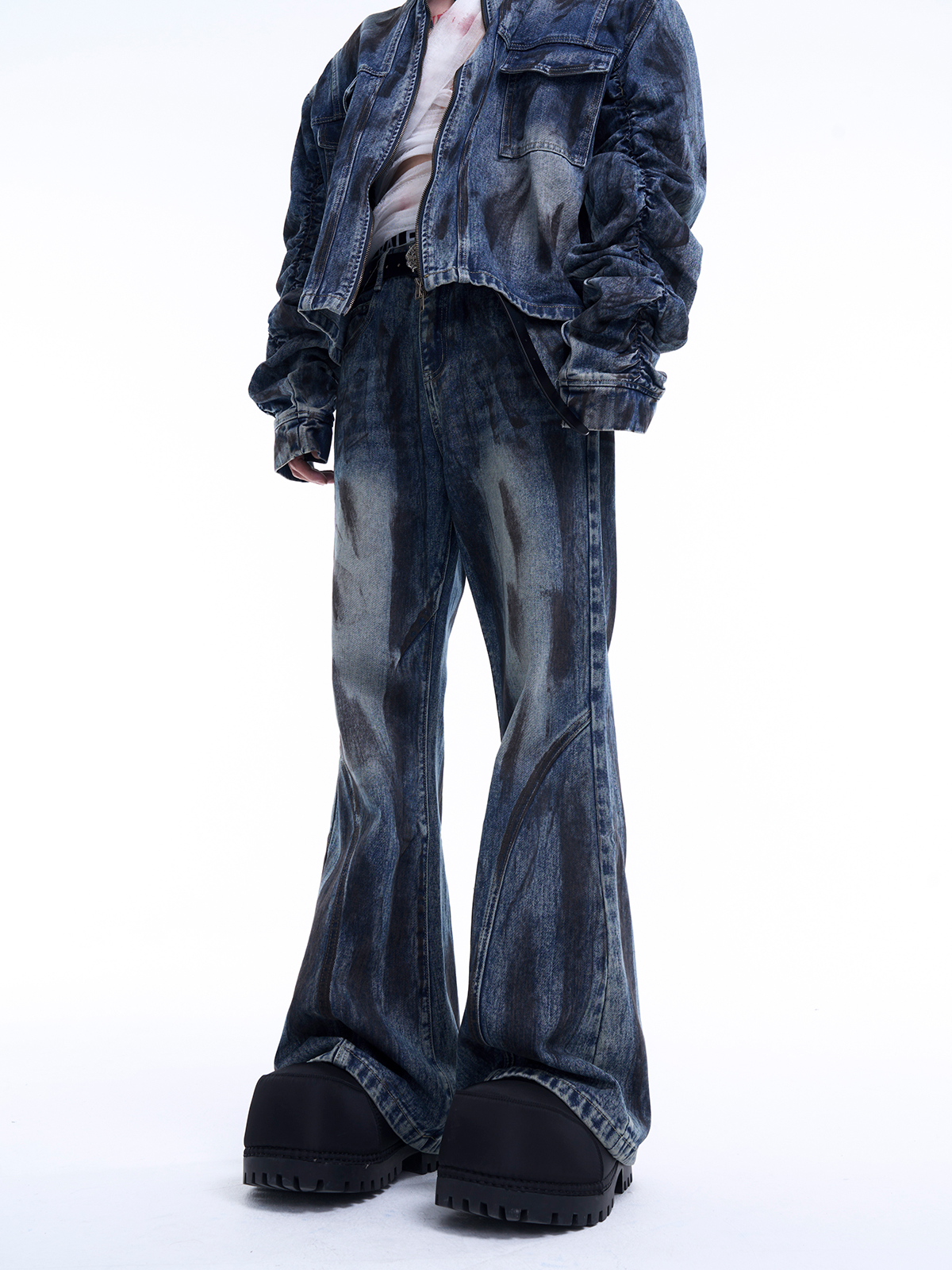 MUD WASH RUCHED DENIM JACKET & FLARED JEANS SET-START EXCEED END