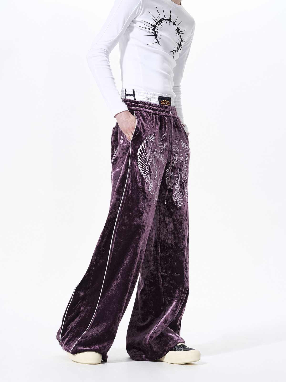 CRUSHED VELVET EMBROIDERED TRACKSUIT SET-PLUM PURPLE