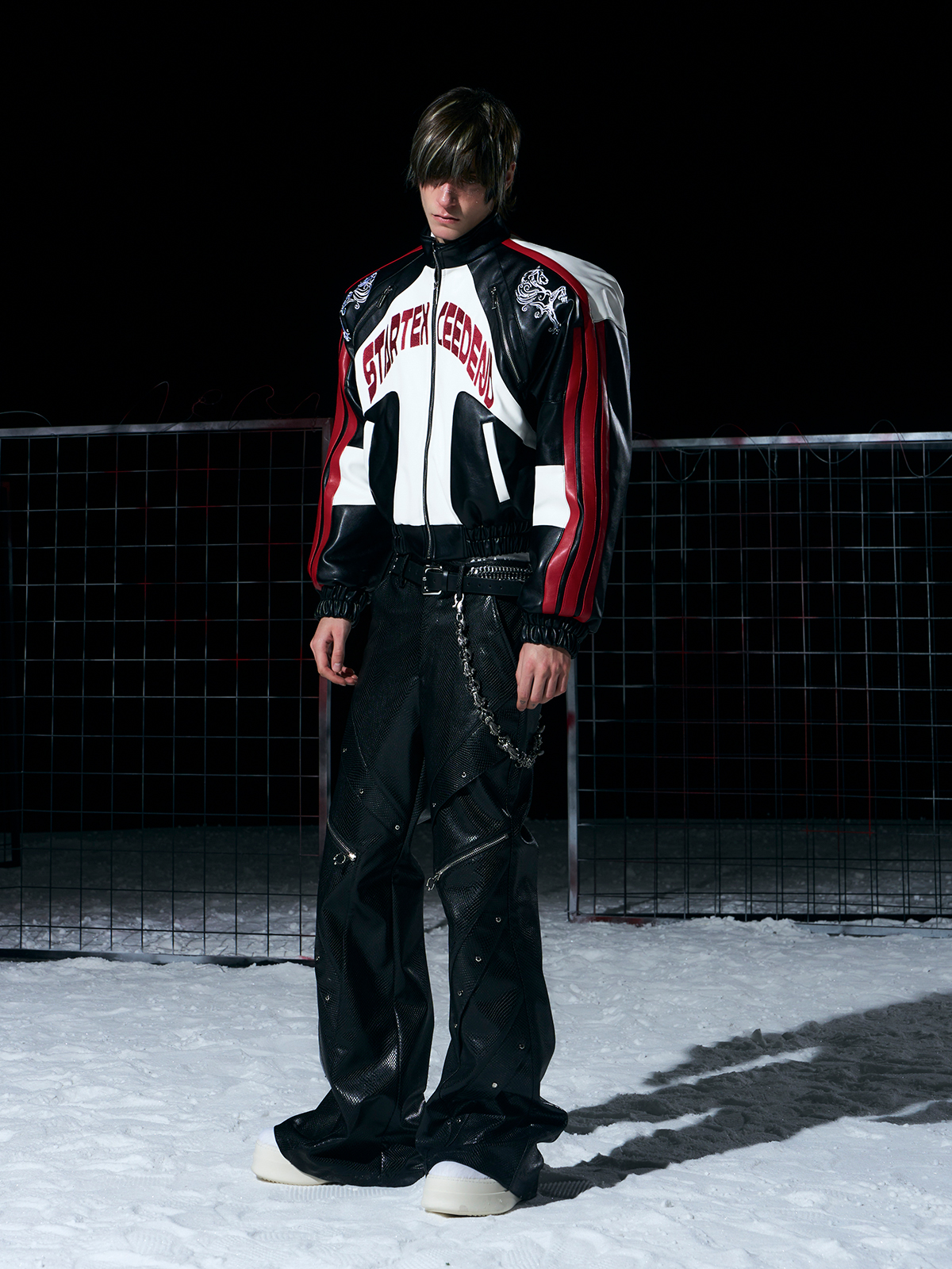 BLACK & RED EMBROIDERED FAUX LEATHER RACING JACKET