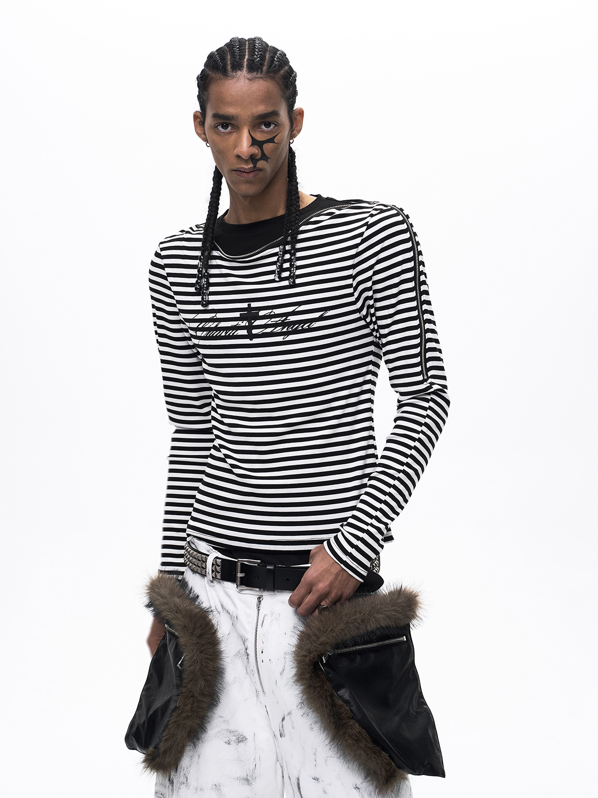 DECONSTRUCTED ZIP MOCK LAYER LONG SLEEVE-STRIPED