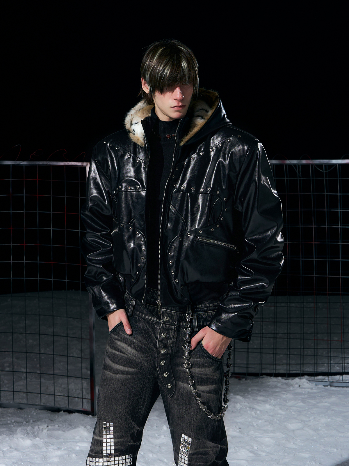 STUDDED FAUX LEATHER BOMBER WITH FUR-LINED HOOD
