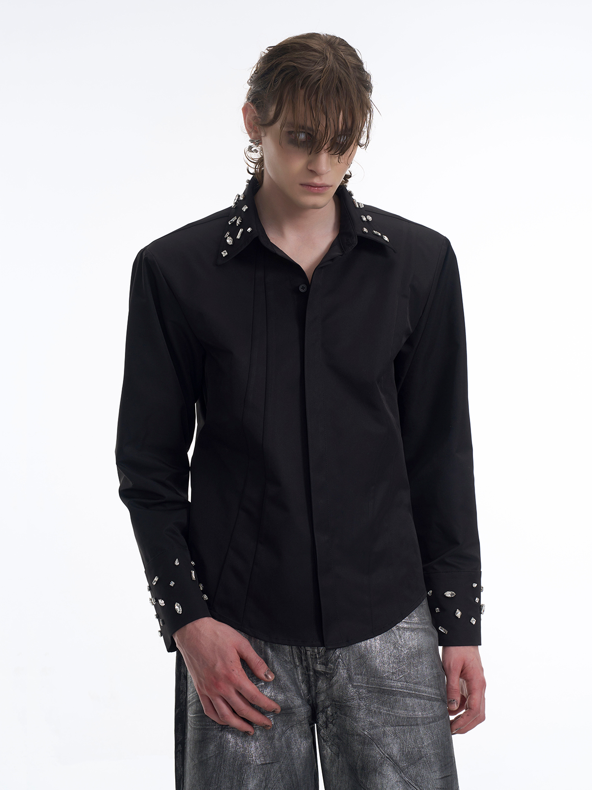 CRYSTAL COLLAR & CUFF CONCEALED PLACKET SHIRT - BLACK-START EXCEED END